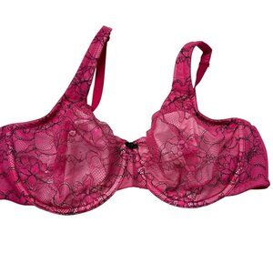 Cacique Bra 42D Pink Lace Adjustable Straps Lane Bryant Lingerie Sheer Wired